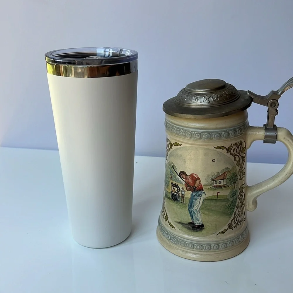 Vintage Ceramic German Beer Stein with Golf Scene and Pewter lid